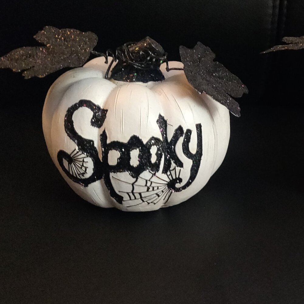 Two 3.75" White Wooden Painted Pumpkins with Black Glitter 'Spooky' & 'Beware"